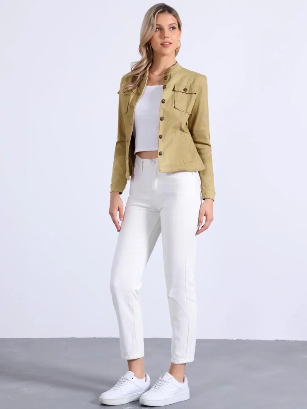 Women's Khaki Classic Stand Collar Long Sleeve Denim Jackets Flap Chest Pockets